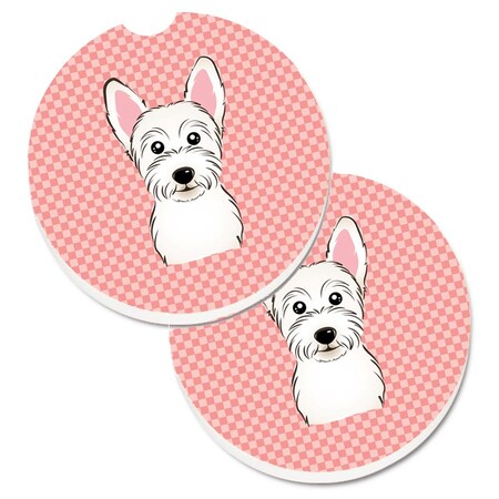 Carolines Treasures Checkerboard Pink Westie Set of 2 Cup Holder Car Coaster BB1226CARC